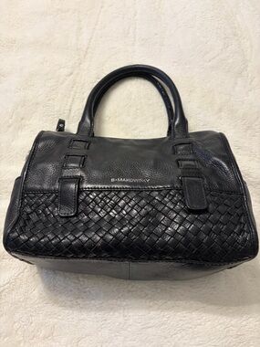 b. makowsky Black Woven Leather Satchel Handbag